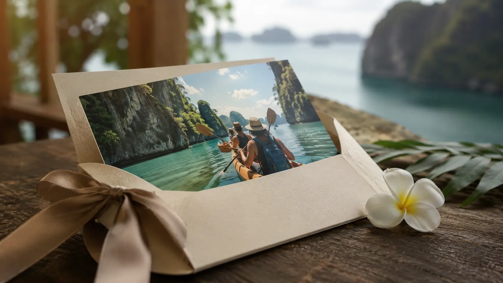 Travel experience voucher in envelope beside tropical ocean view with kayaking adventure photo and flower accent.