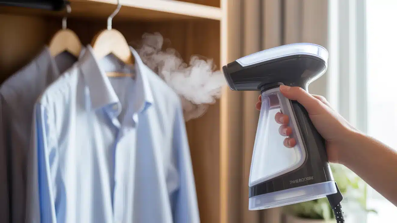 Person steaming a shirt with compact handheld steamer.