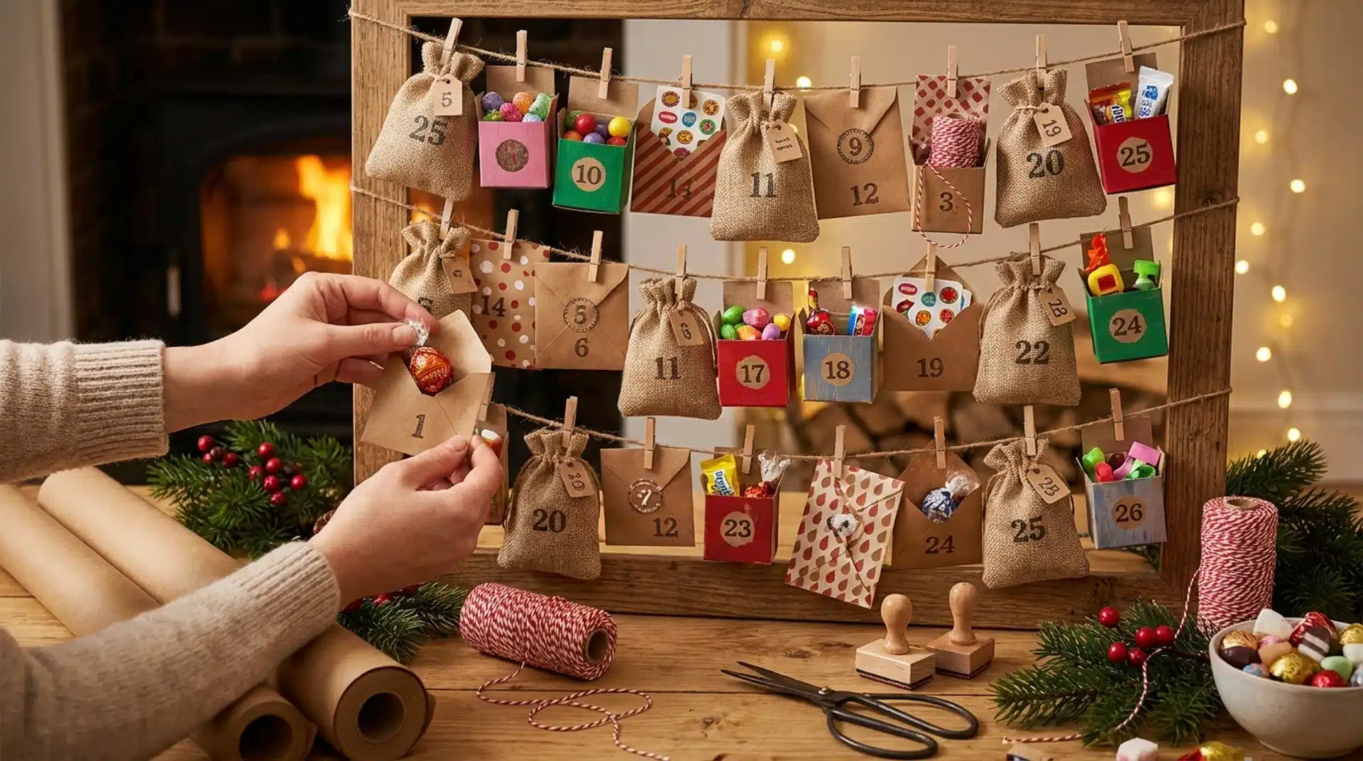 Hands place a chocolate candy into a numbered envelope on a hanging DIY advent calendar display.
