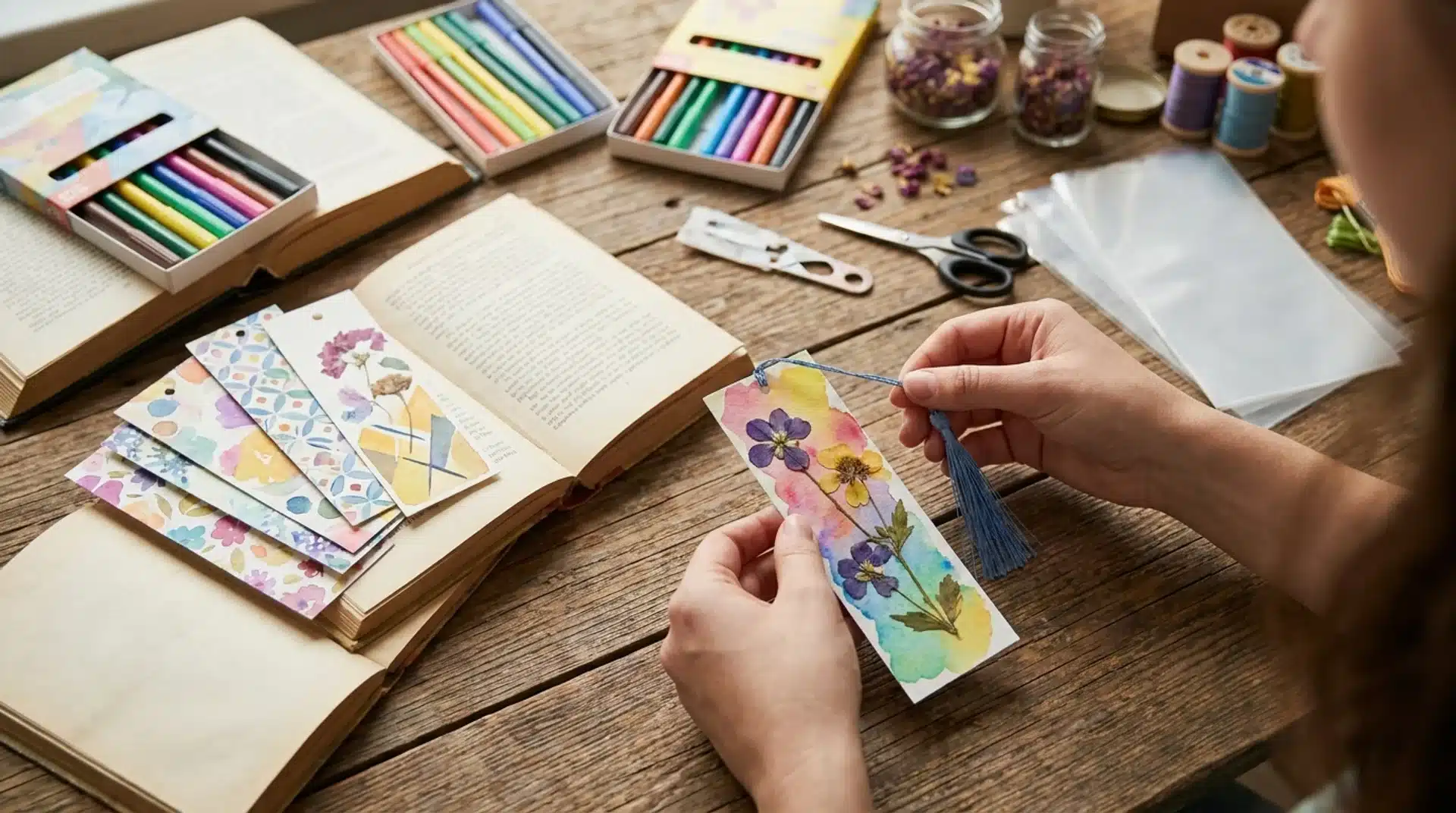 Hands attaching a tassel to a watercolor flower bookmark on a wooden table with books, markers, and crafting tools.