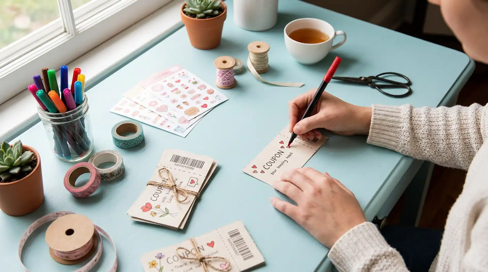 Hands writing on a DIY coupon card with a red marker on a blue desk surrounded by stickers, ribbon, tape, and markers.