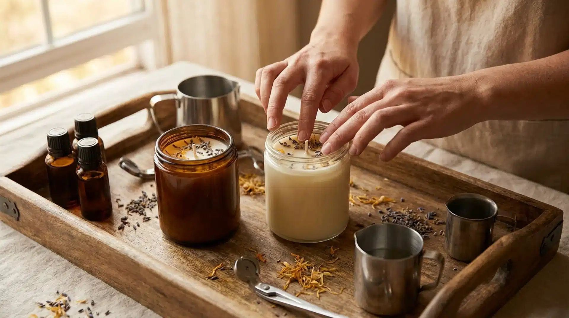 Hands carefully arrange dried lavender petals onto the surface of a handmade candle in a glass jar.