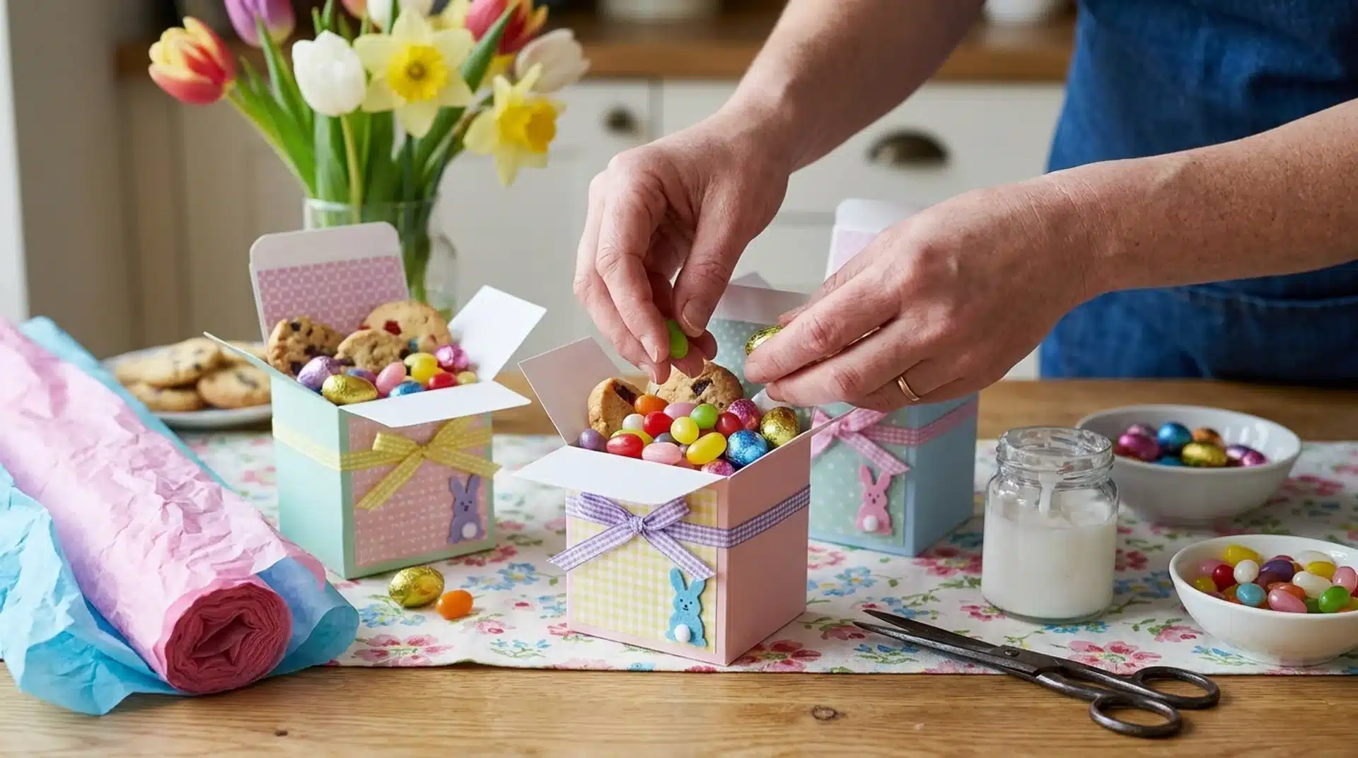 Hands fill pastel Easter treat boxes with cookies and colorful candies on a decorated table.