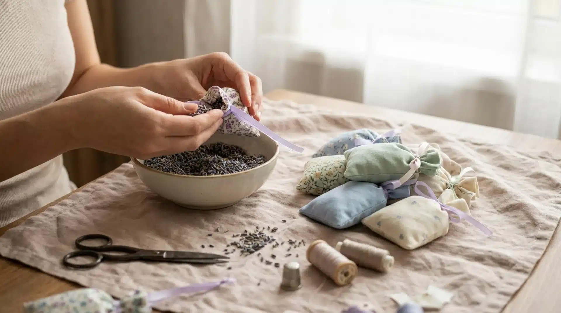 Hands fill small fabric pouches with dried lavender from a bowl to make handmade sachets on a table.