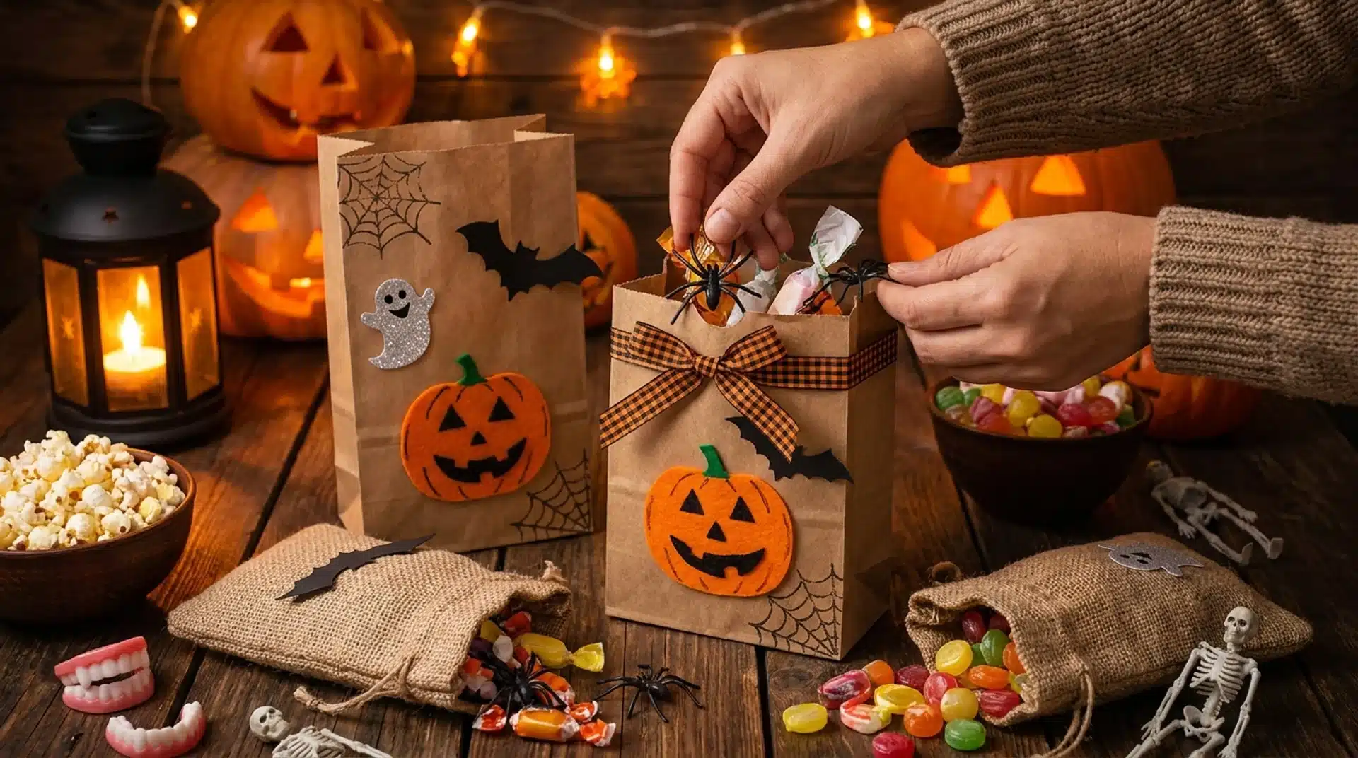 Hands place candies and plastic spiders into decorated brown paper Halloween treat bags on a wooden table.