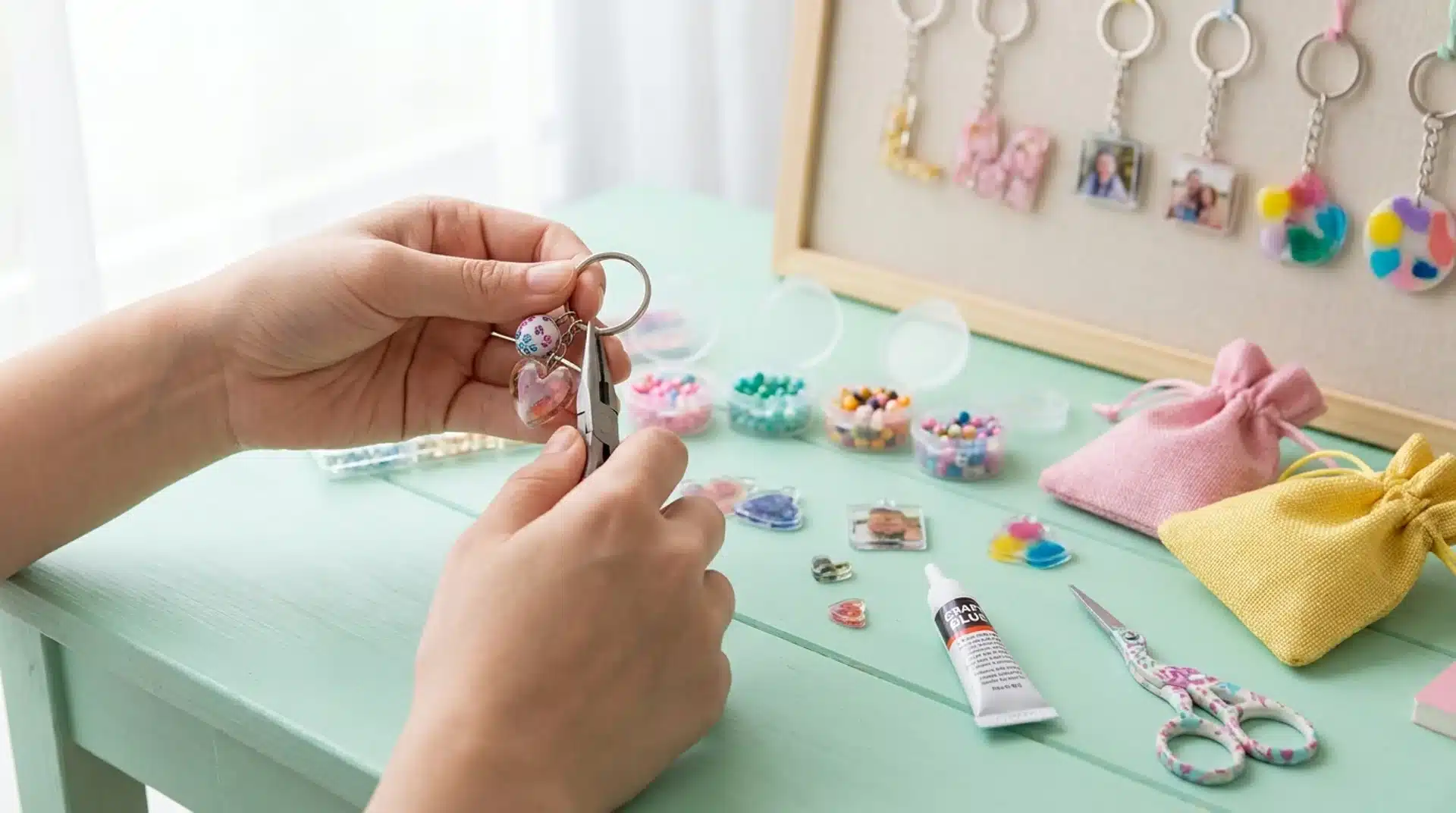 Hands using pliers to make a custom keychain on a teal table surrounded by beads, craft glue, and finished photo keychains.
