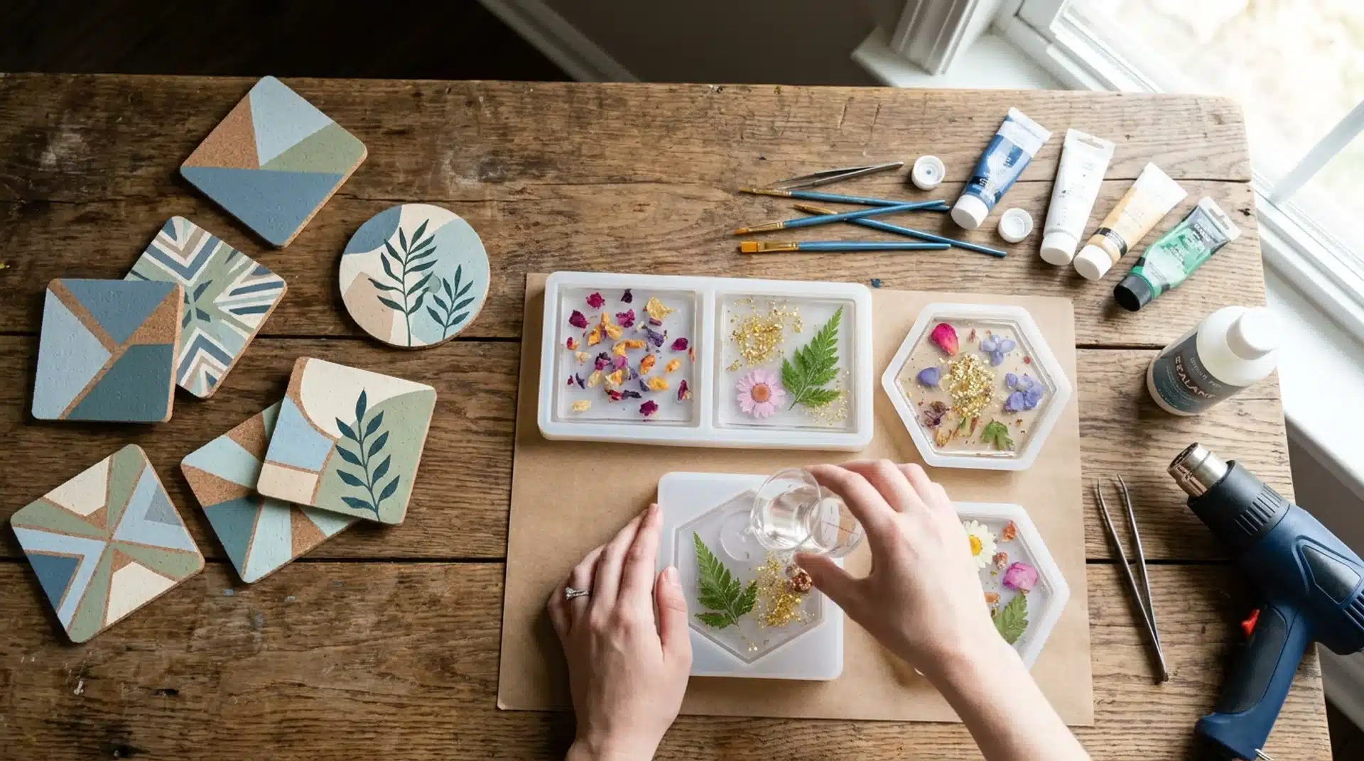 Hands pouring clear resin into a silicone mold with dried flowers next to geometric cork coasters and painting supplies.