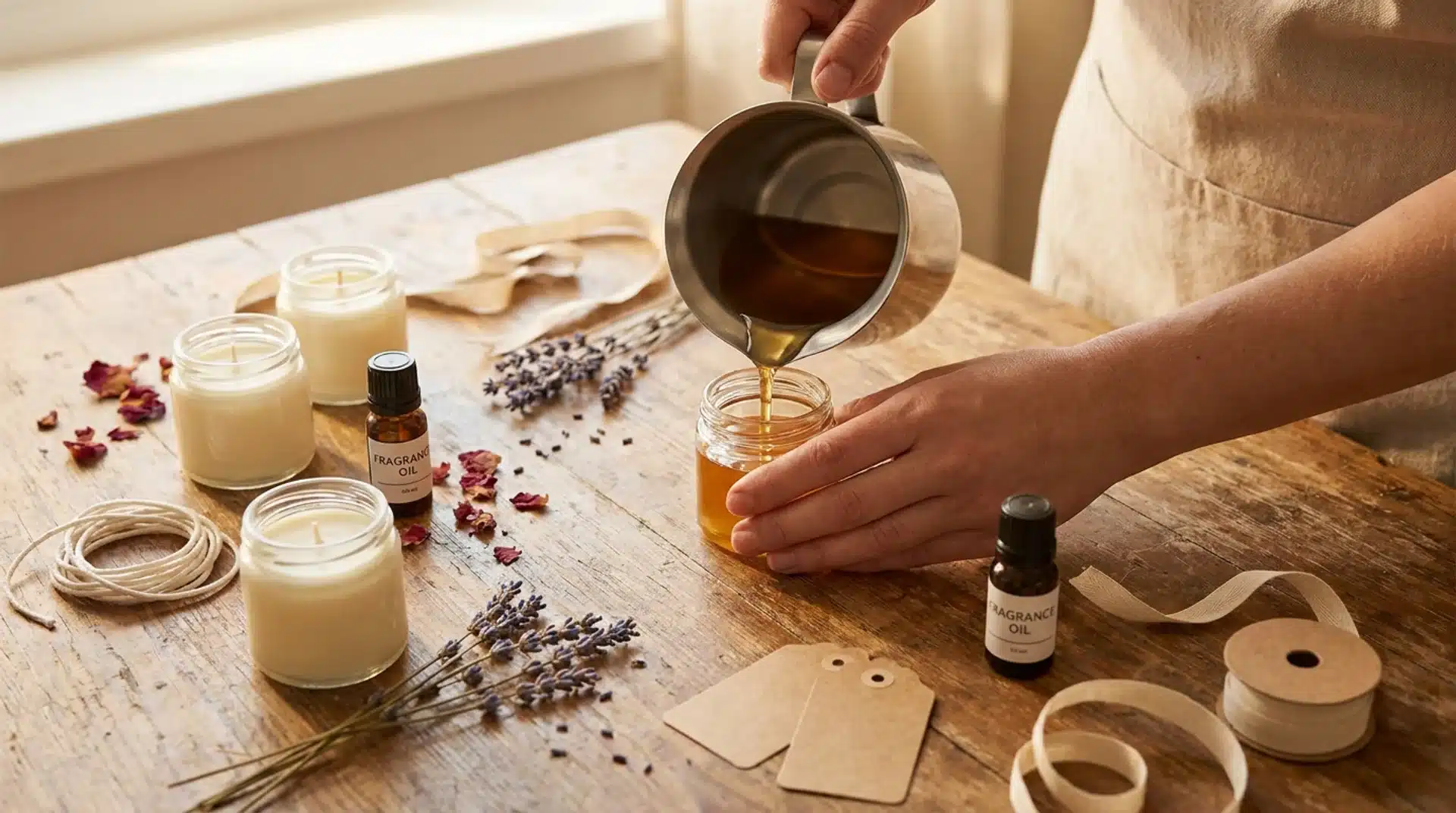 A person pouring wax into a jar on a wooden table surrounded by DIY candle-making supplies like lavender and fragrance oil.