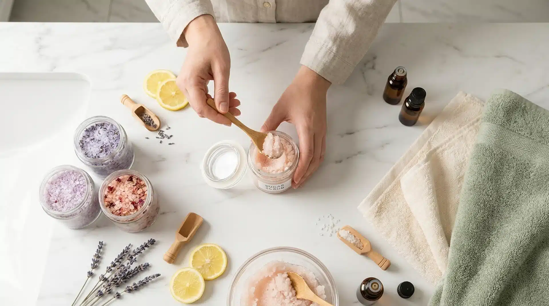 Hands scooping pink sugar scrub into a jar on a marble counter next to lavender bath salts, lemon slices, and towels.