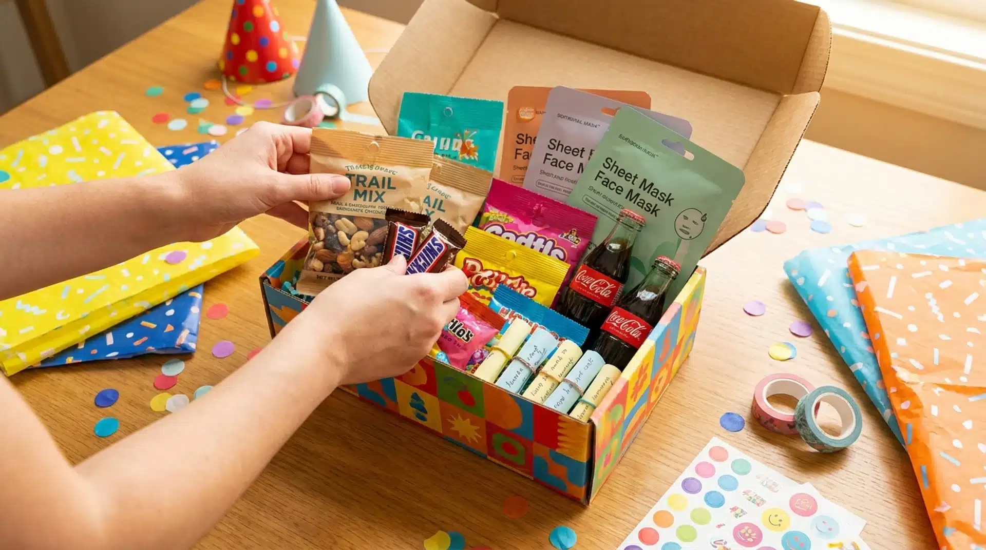 Hands pack a birthday survival kit box with snacks, sheet masks, candy, and sodas on a table.