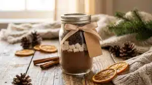 A mason jar filled with layers of hot cocoa mix, marshmallows, and chocolate chips sits on a rustic table.