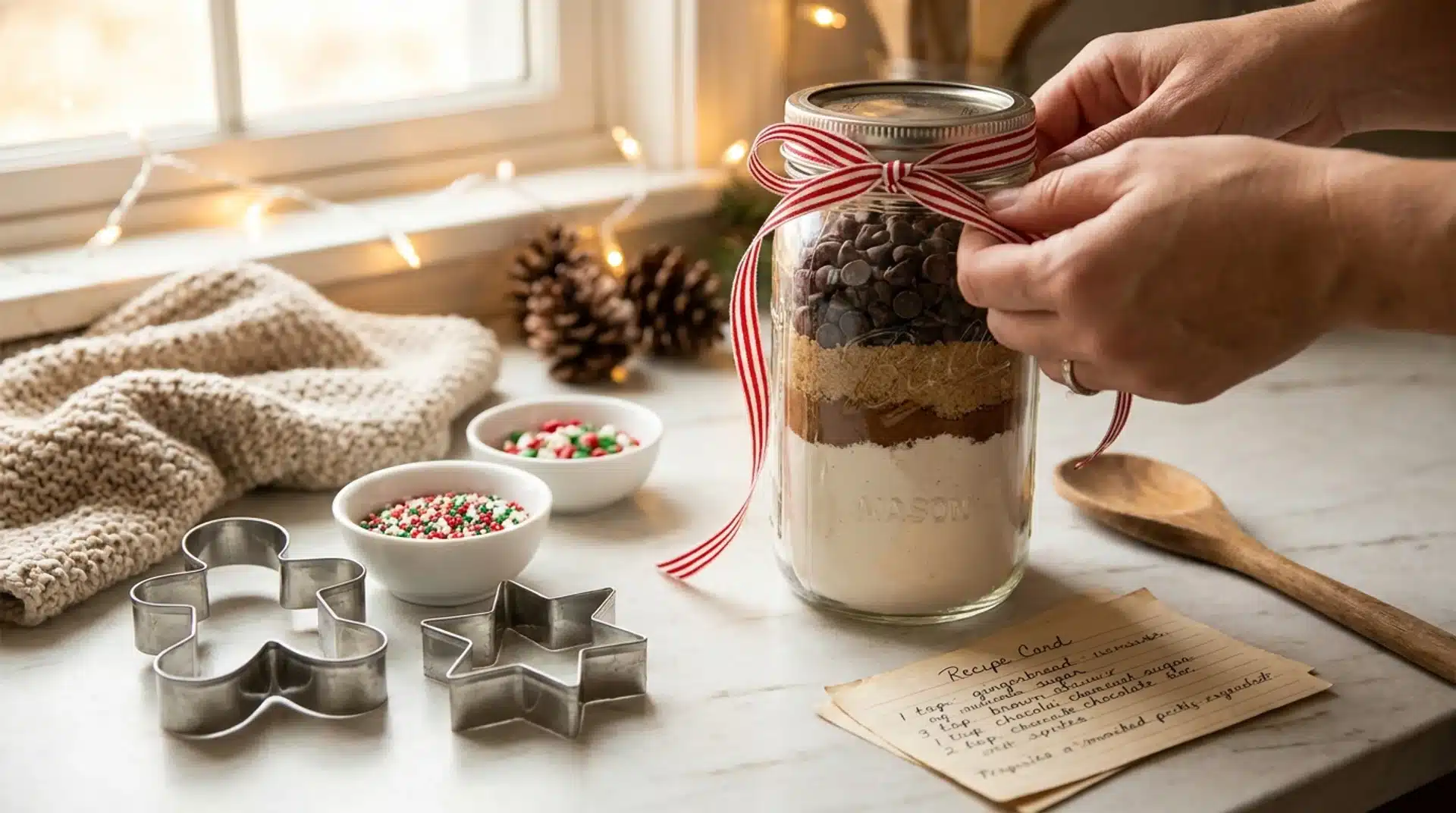Hands tie a red and white ribbon around a mason jar filled with layered gingerbread baking ingredients.
