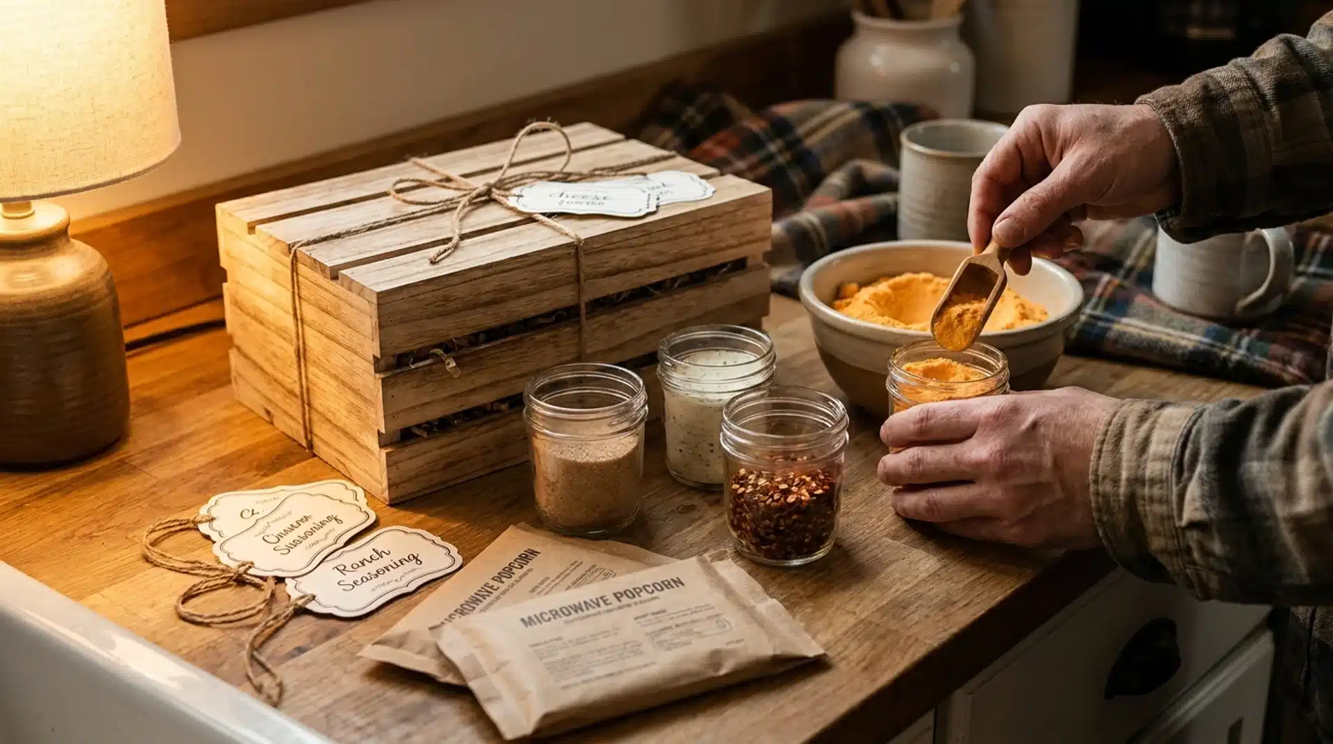 Hands scooping yellow powder into a glass jar next to other seasoning jars, packets of popcorn, and a wooden gift crate.