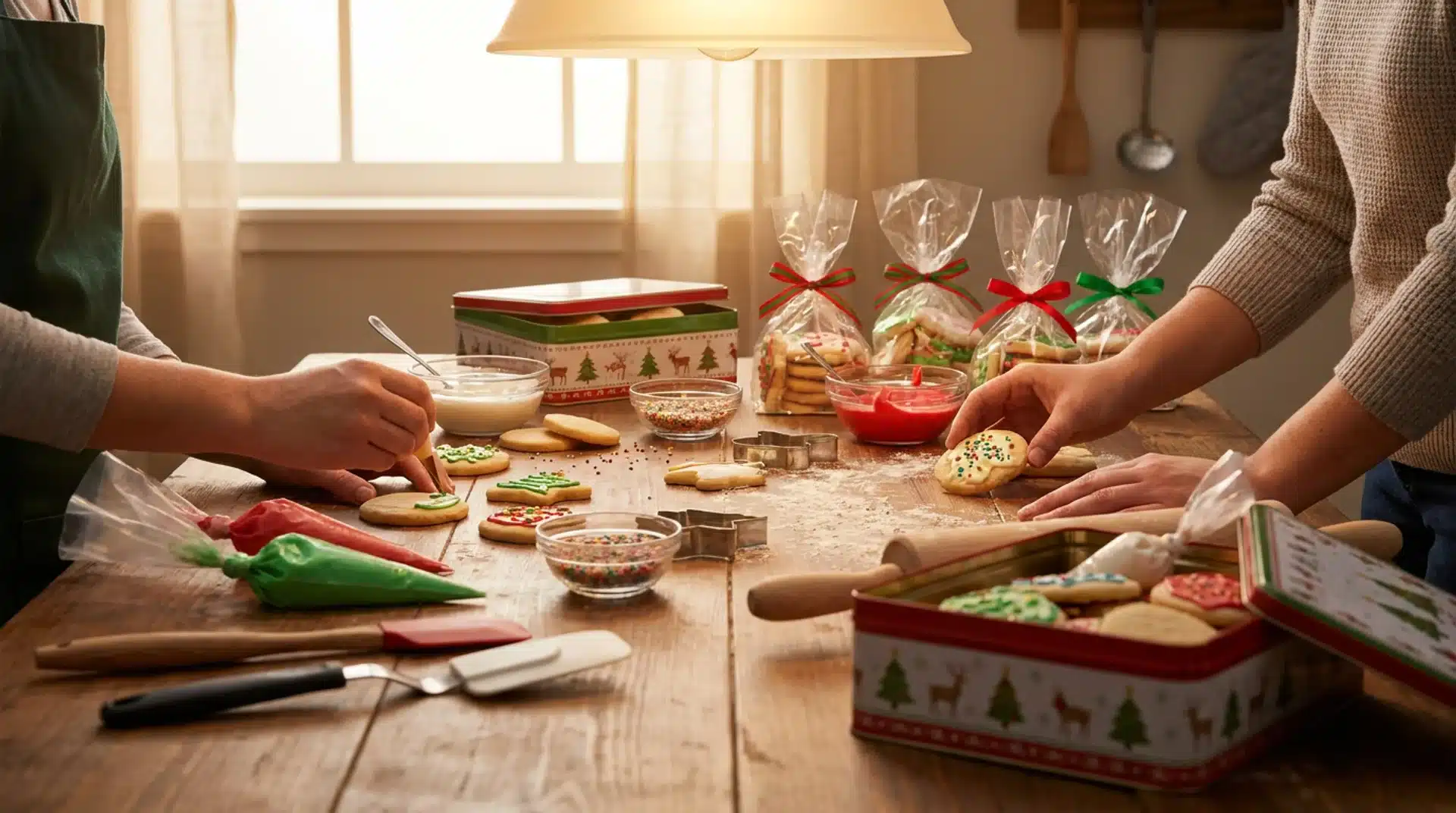 Two people decorating and packaging homemade sugar cookies on a wooden table with icing bags, sprinkles, and holiday tins.