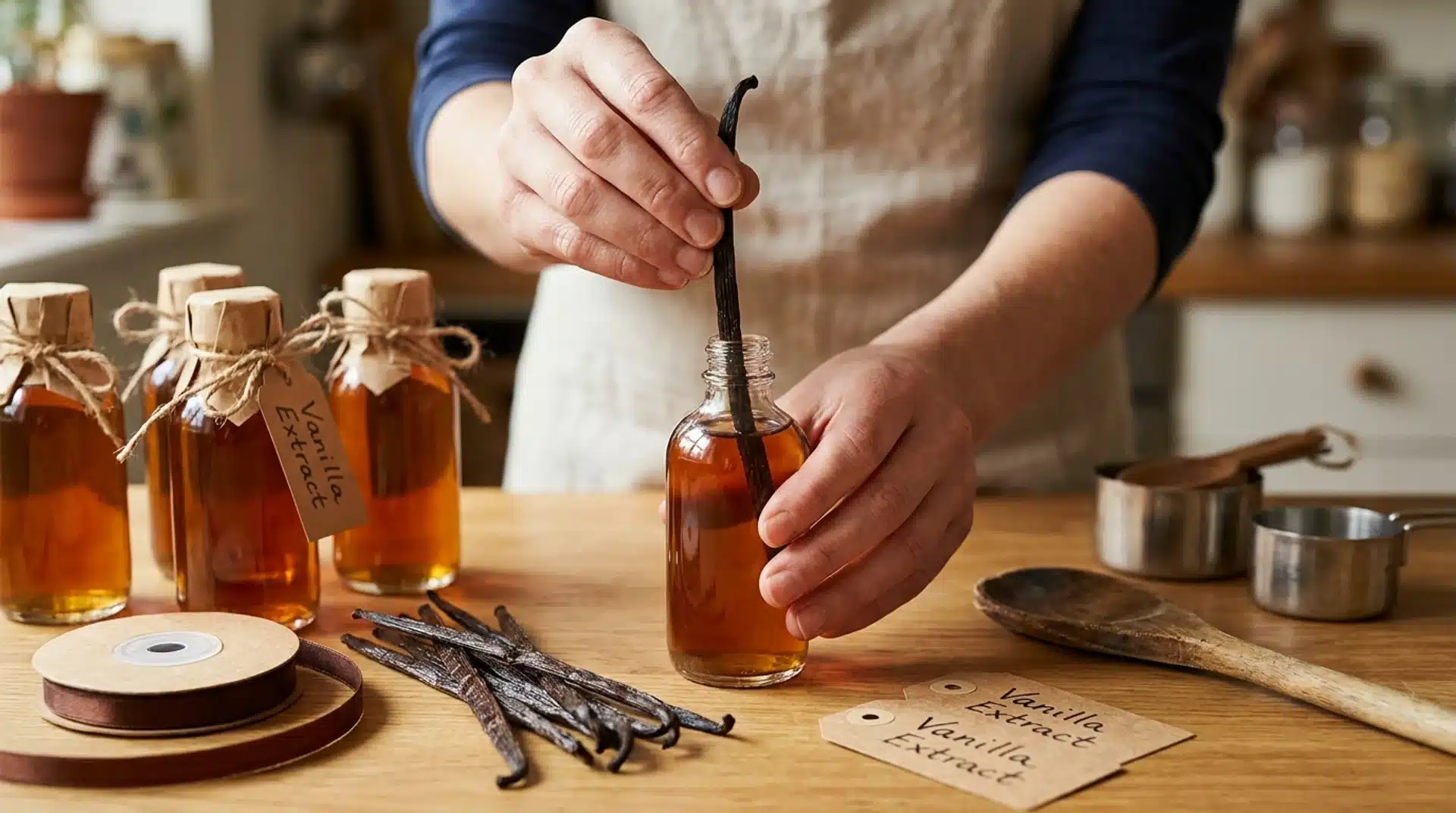 Hands placing a whole vanilla bean into a glass bottle filled with liquid to make homemade vanilla extract gift bottles.