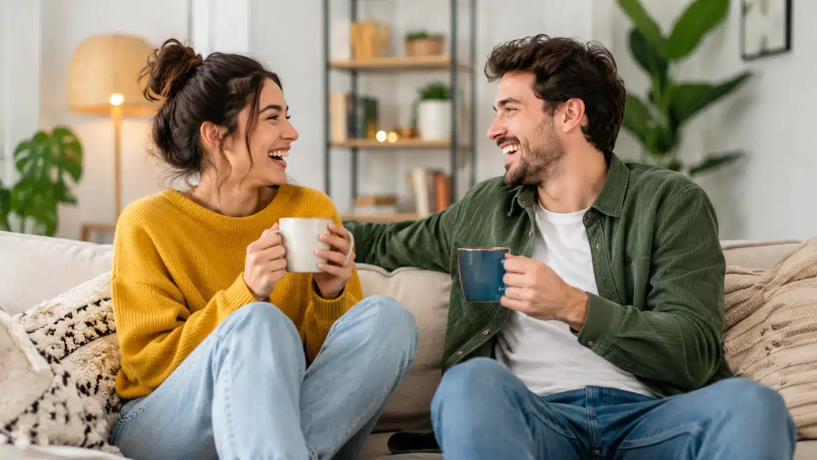 Smiling couple sitting together on a cozy couch, laughing while sharing coffee in a bright and comfortable living room