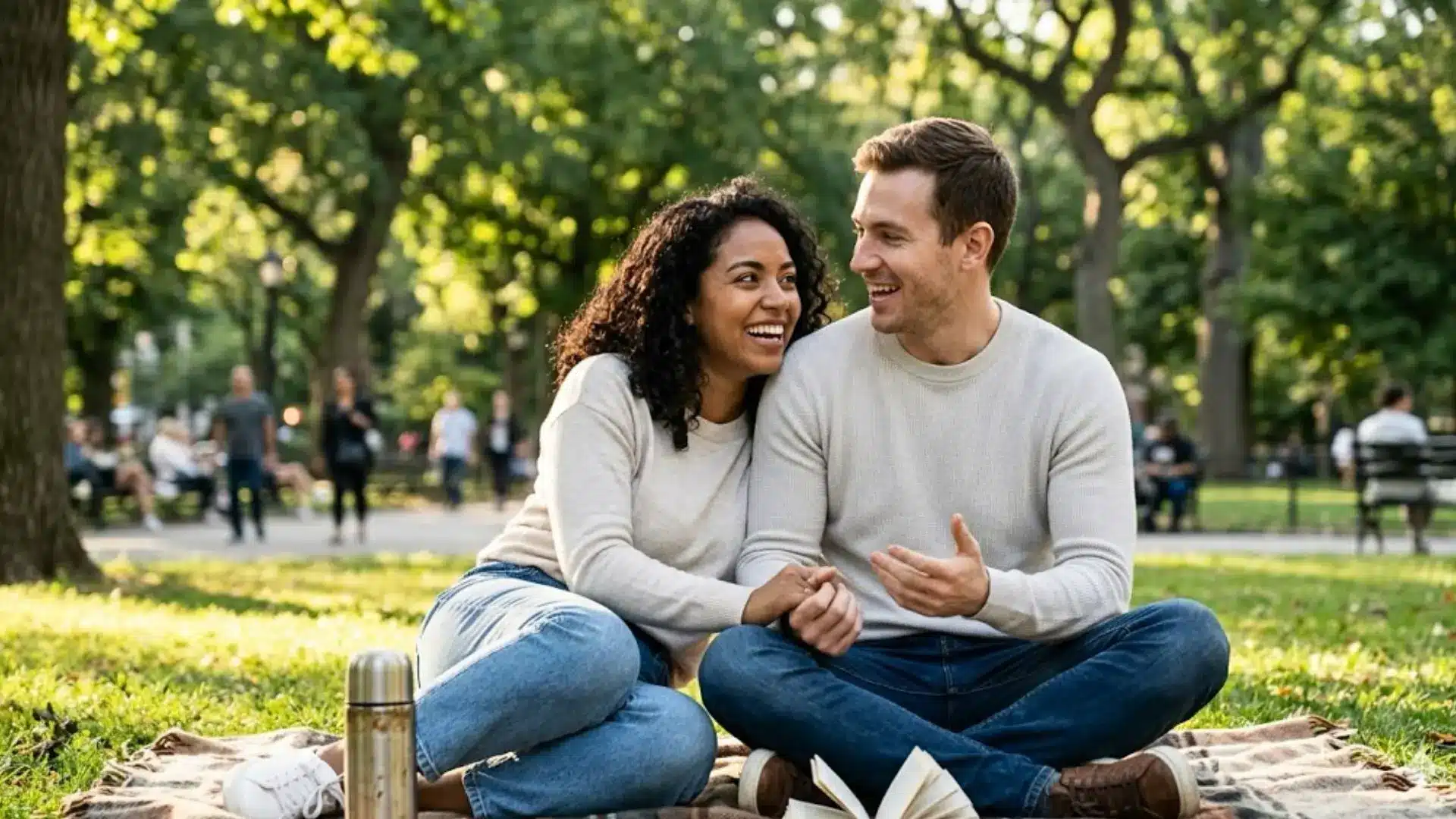 A smiling interracial couple sitting on a blanket in a park, with the man speaking and the woman looking at him