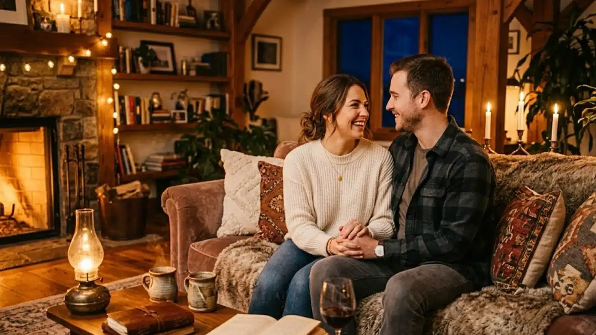 A cozy, smiling couple holding hands on a couch next to a warm, glowing fireplace