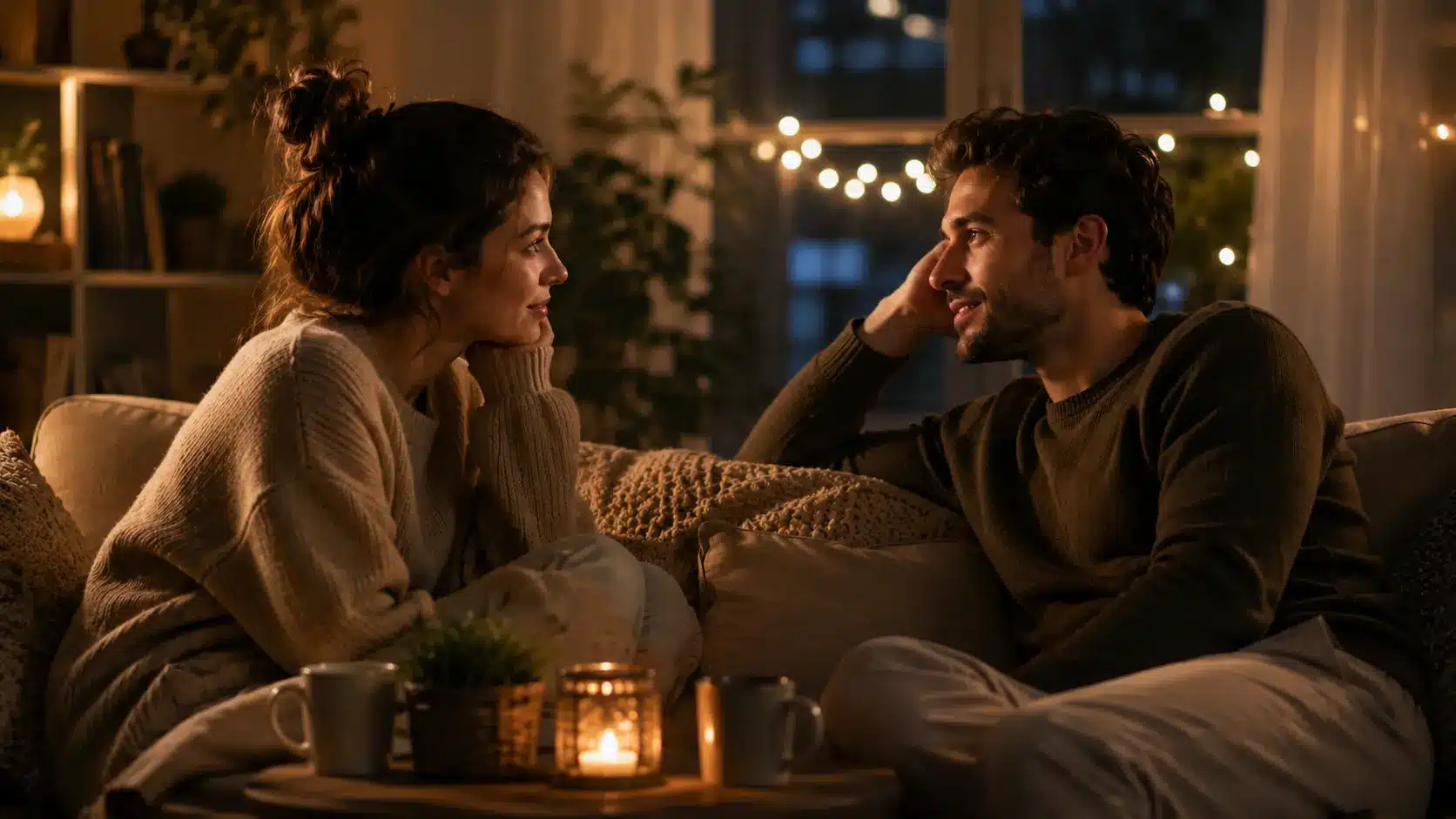 Couple having a thoughtful conversation on a cozy couch in a warmly lit living room during the evening