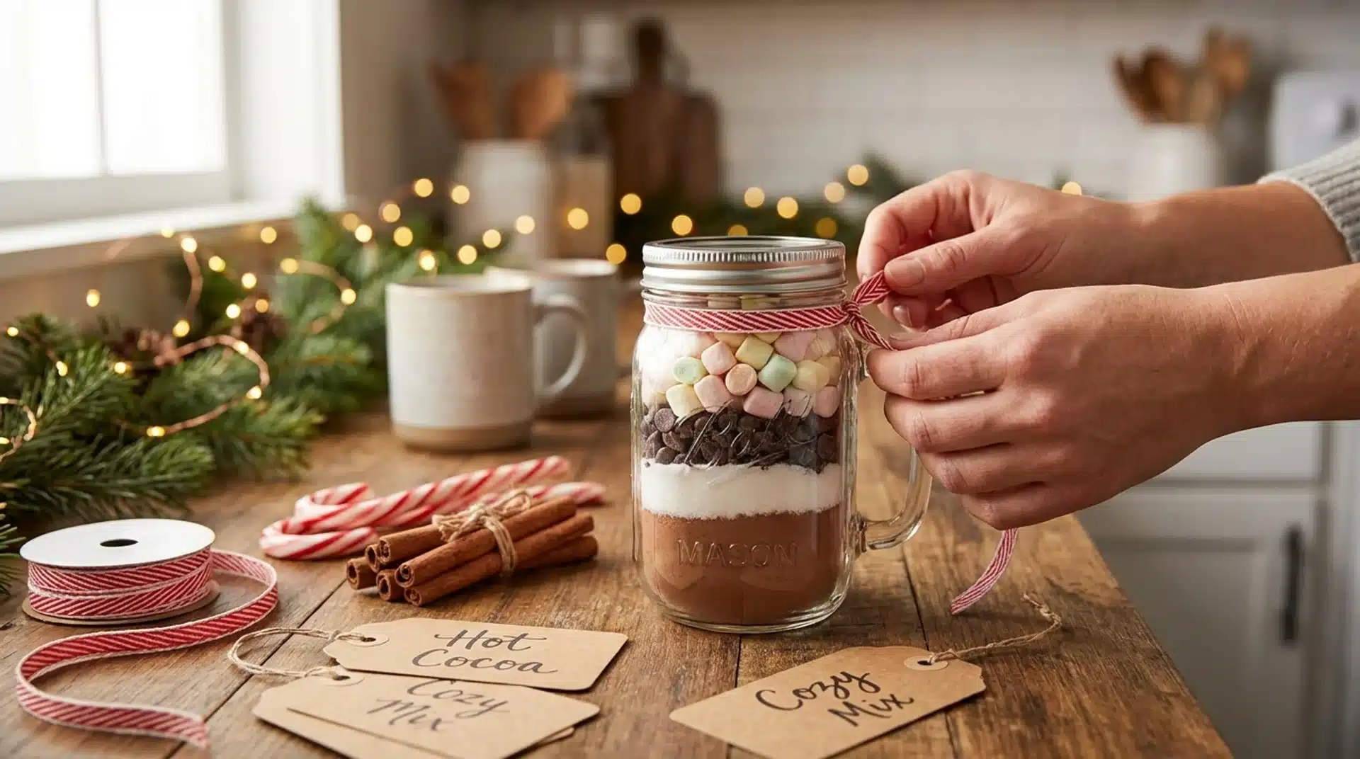 Hands tying a ribbon on a mason jar filled with layers of hot cocoa mix, chocolate chips, and colorful mini marshmallows.