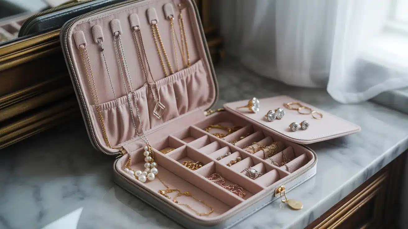 Pink travel jewelry case open showing rings and necklaces.