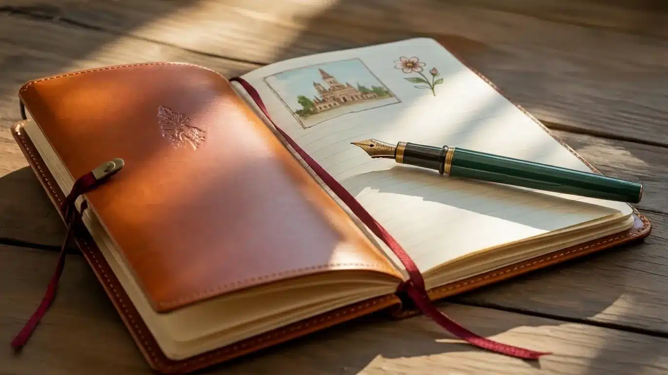 Leather bound journal open on wooden table.