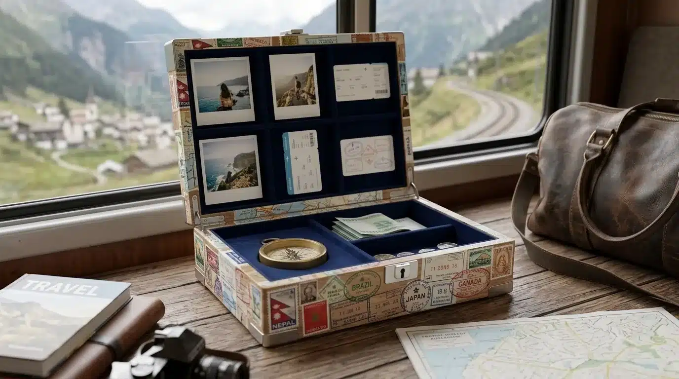 Travel keepsake box with compartments, photos, and coins inside.