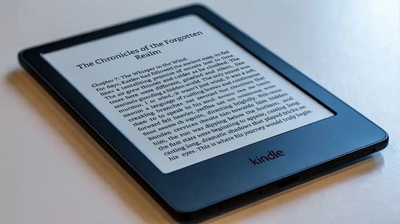 Black Kindle showing a book page on a wooden surface.