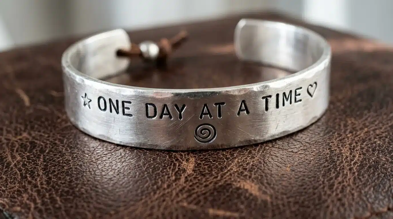 lose-up photo of a hand-stamped metal bracelet on a leather surface.