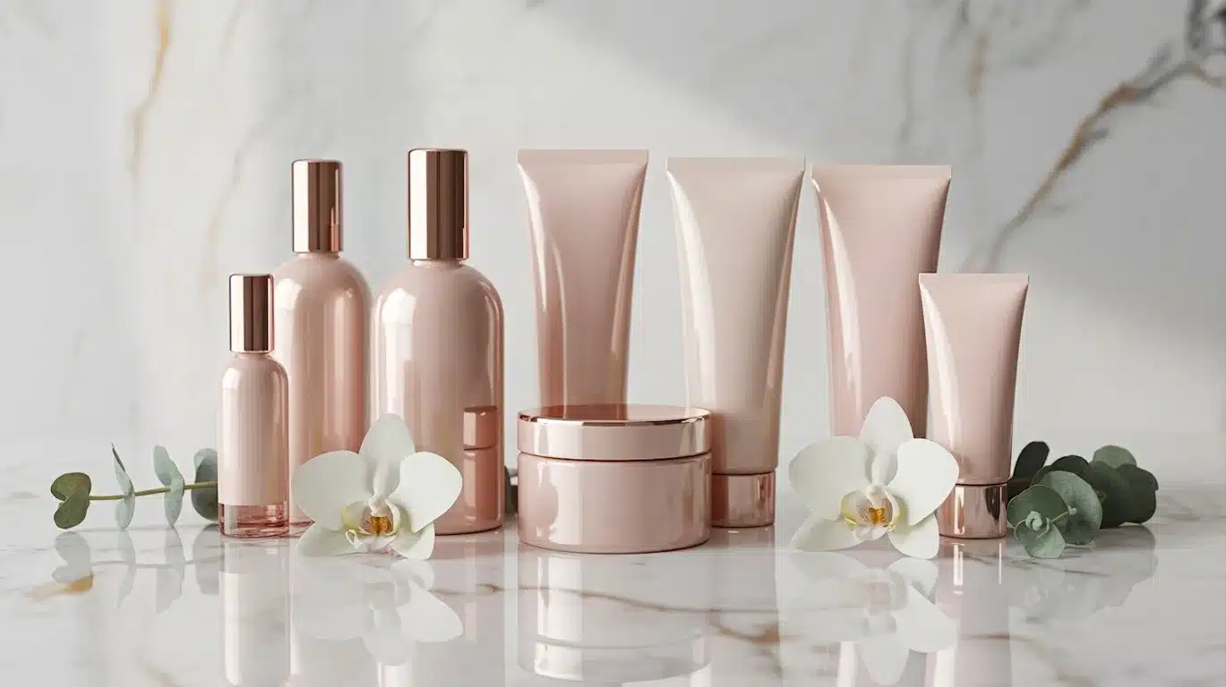 Set of pink luxury skincare bottles and jars with flowers.