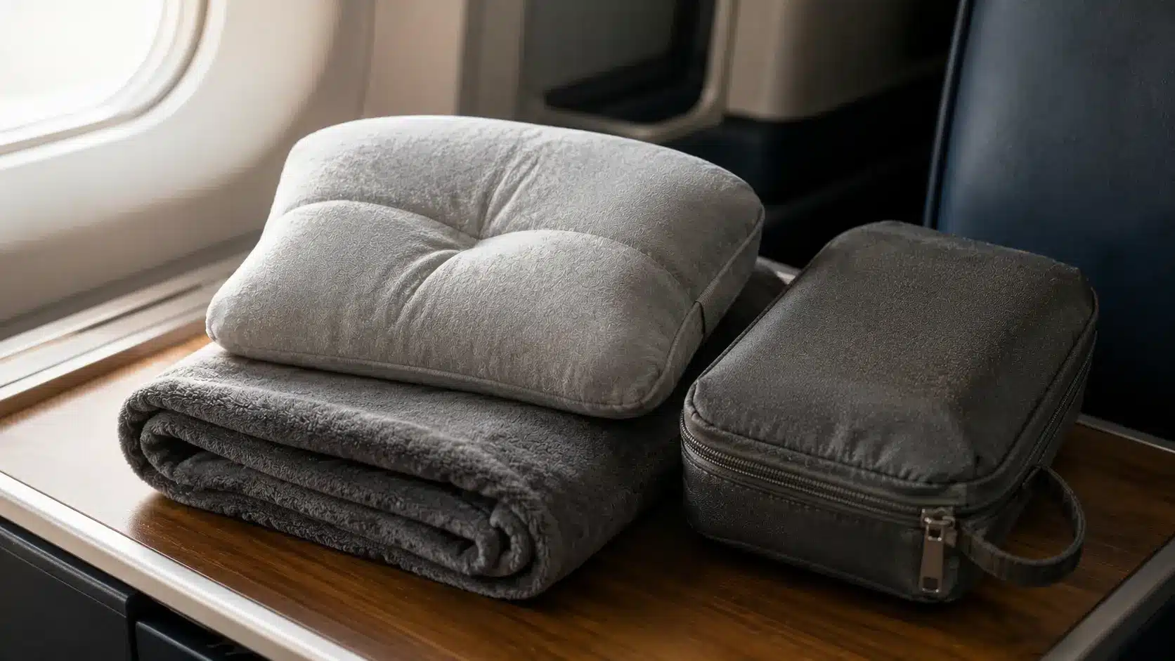 Compact travel pillow, blanket, and carry pouch arranged beside an airplane window for long flight comfort.