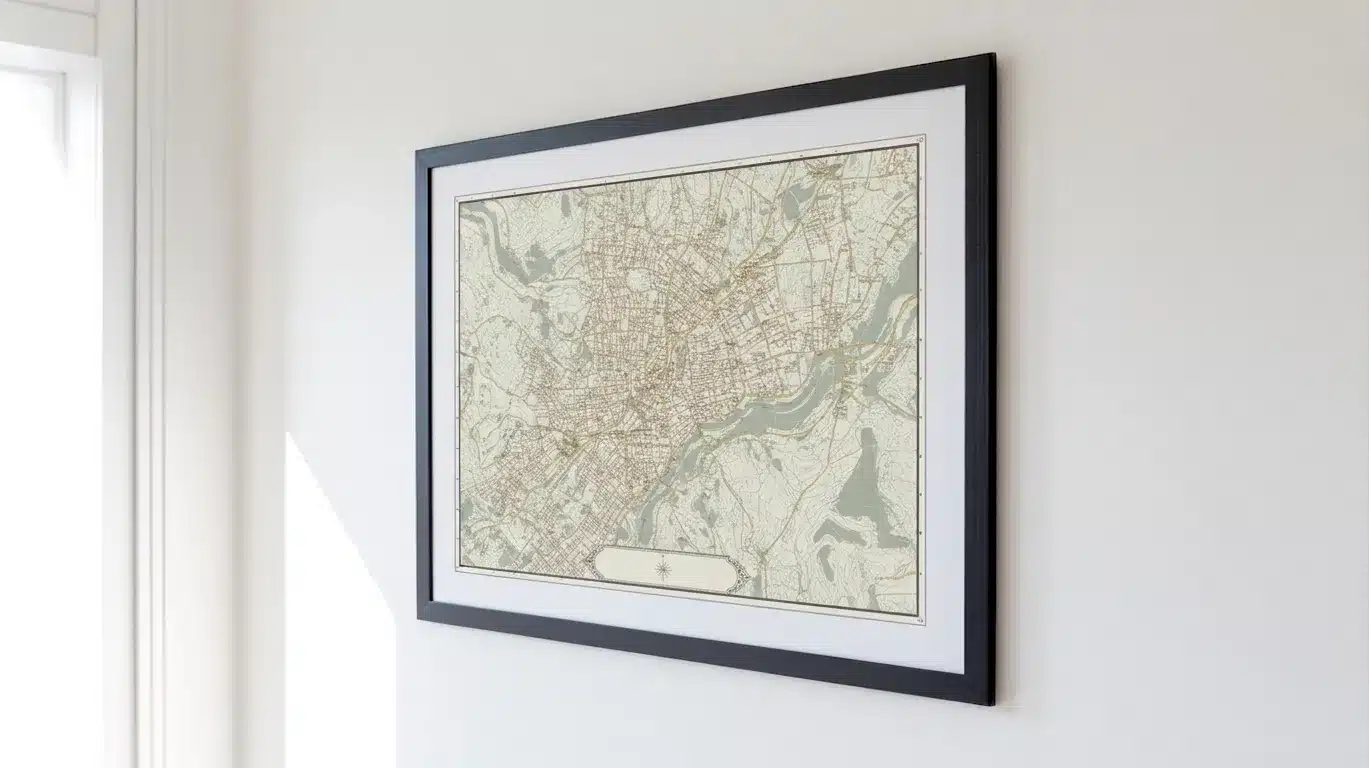 Framed map wall art hanging on a white wall.