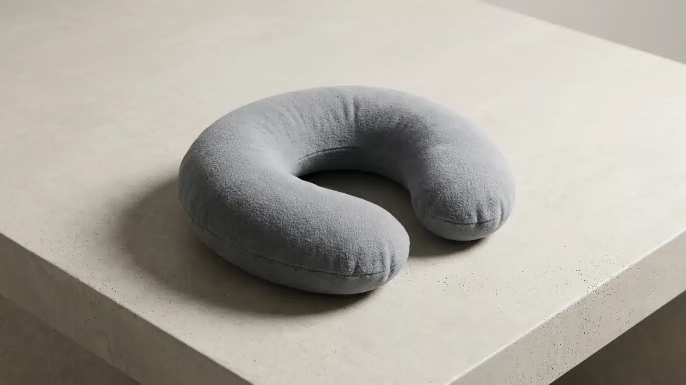 Gray U shaped neck pillow on a beige surface.