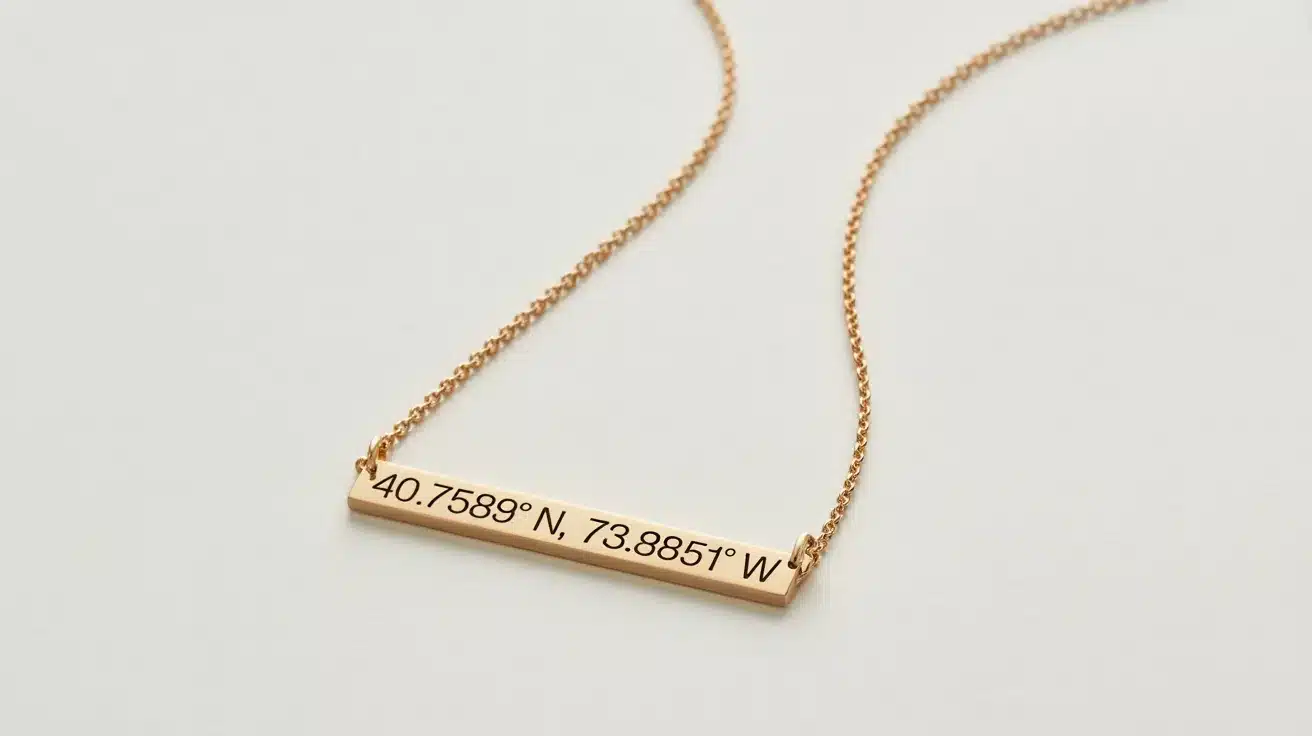 Necklace with gold bar engraved with coordinates 40.7589° N, 73.8851° W.