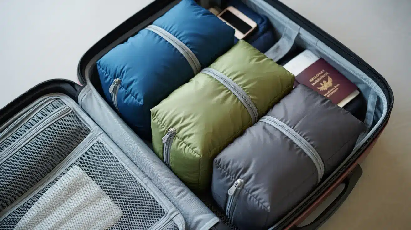Packed suitcase with blue, green, and gray travel packing cubes and passport.