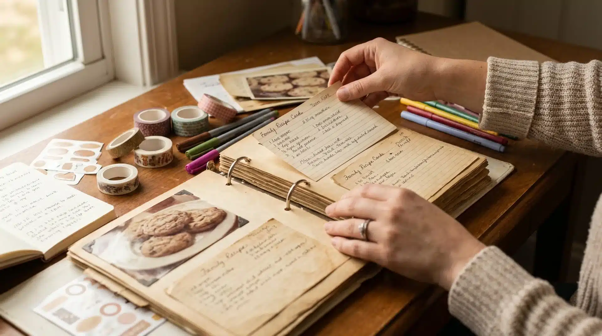 Hands arranging handwritten recipe cards and a photo of cookies in an open binder surrounded by scrapbooking supplies.