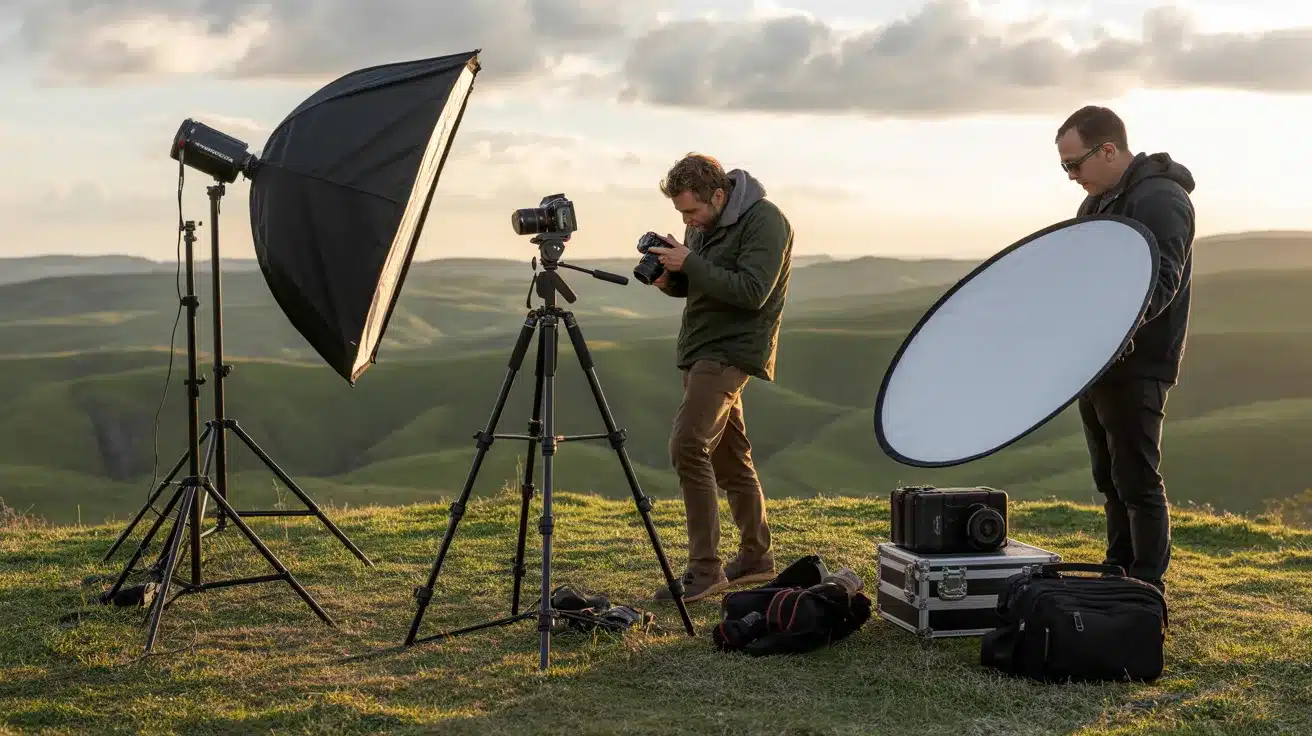 Outdoor photoshoot setup with two photographers, cameras, tripod, and lighting.