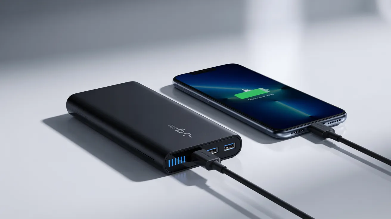 Black portable power bank charging a smartphone on a white surface.