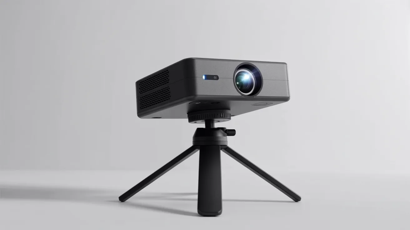 Compact gray projector on a small tripod on a white background.