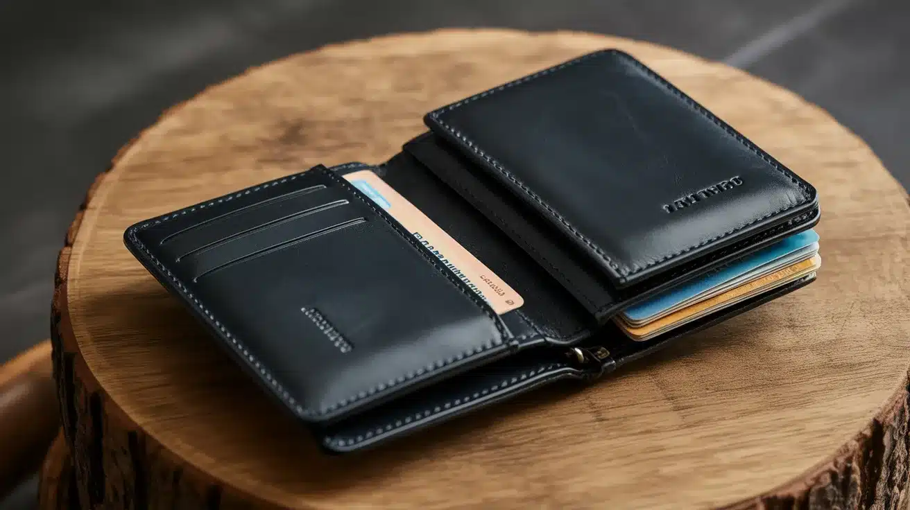 Black RFID wallet holding multiple cards, open on wooden table.