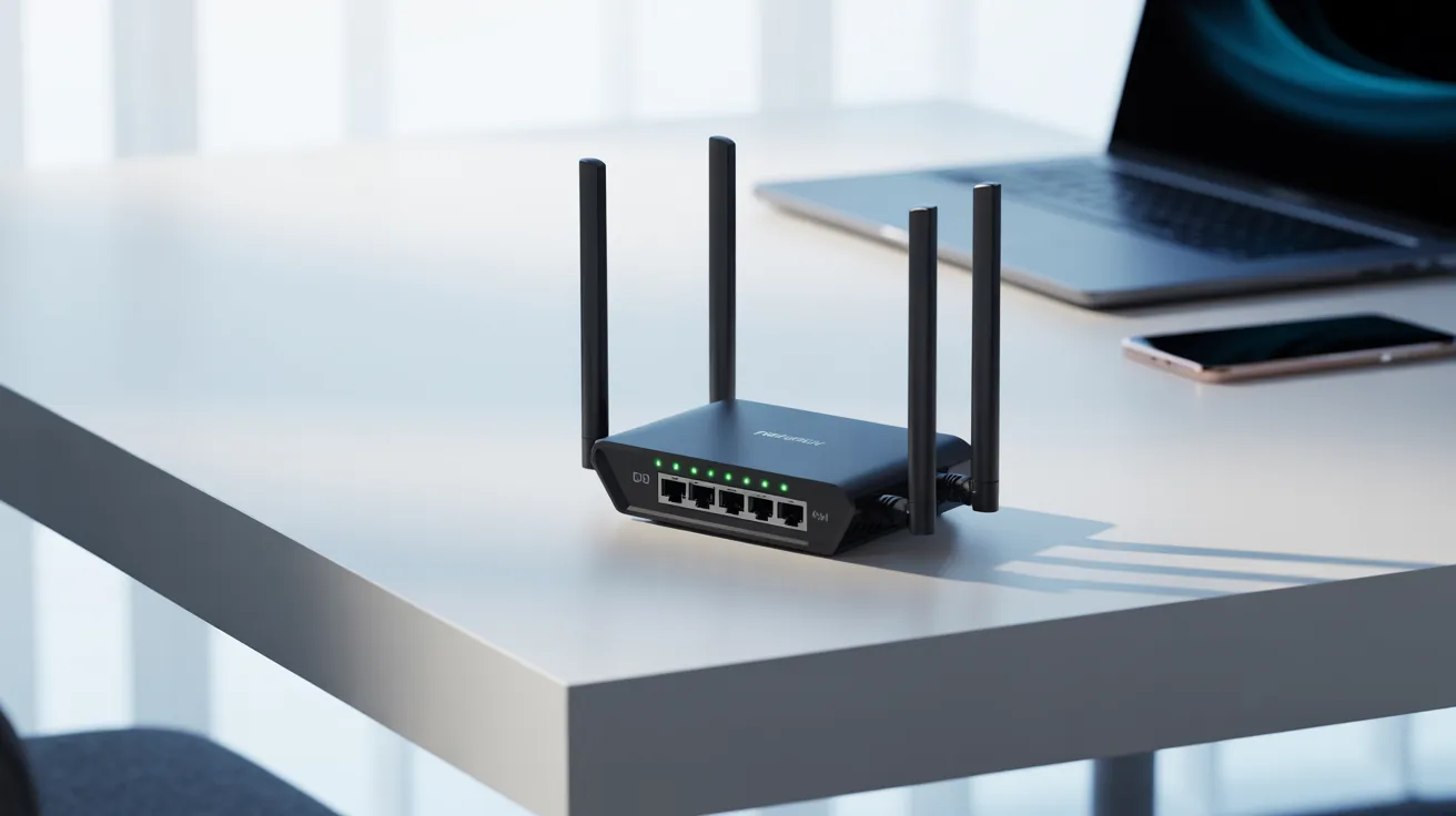 Black Wi-Fi router with four antennas on a white desk.
