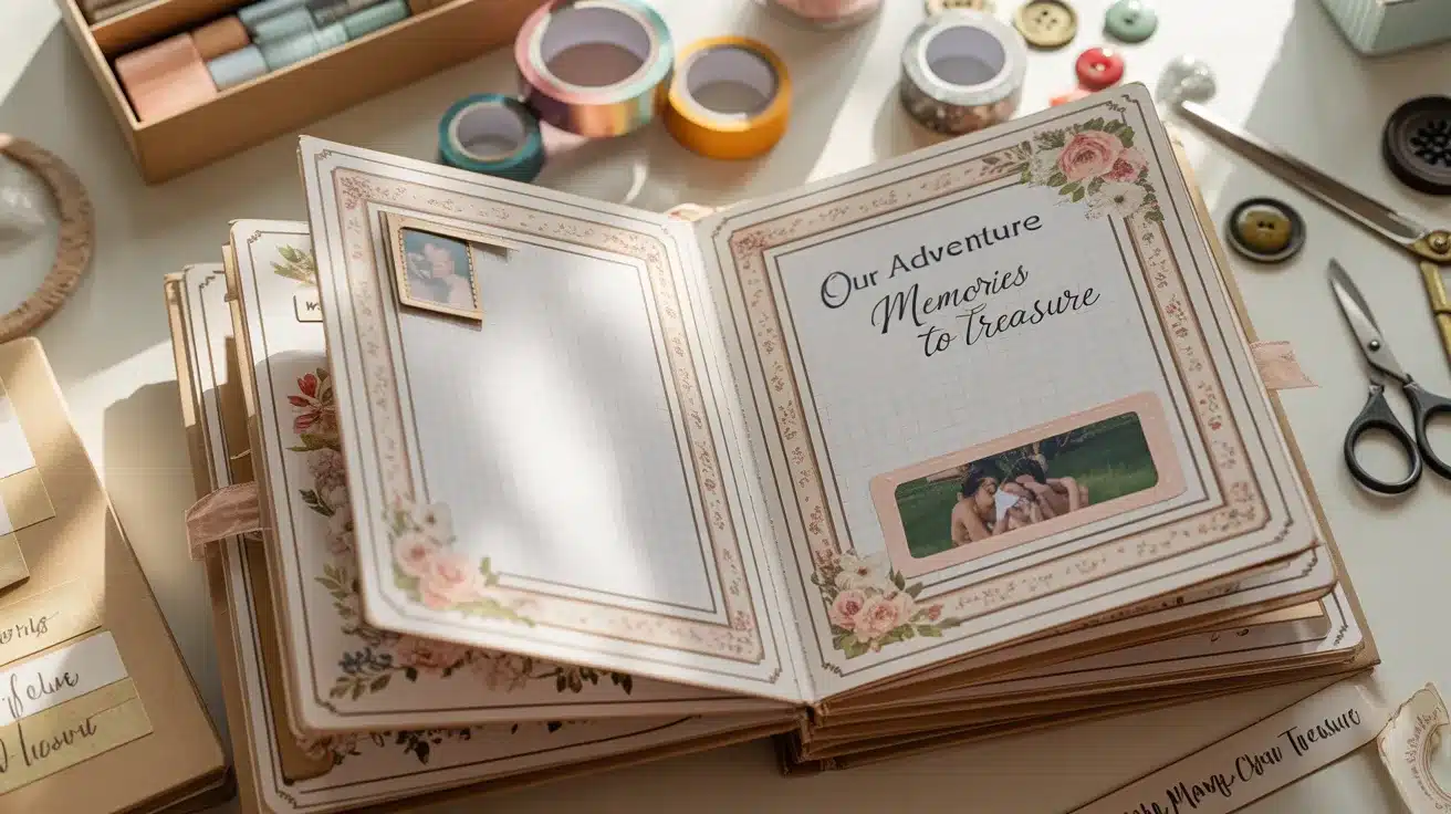 Scrapbook open on a table with decorative stickers, scissors, and tape.