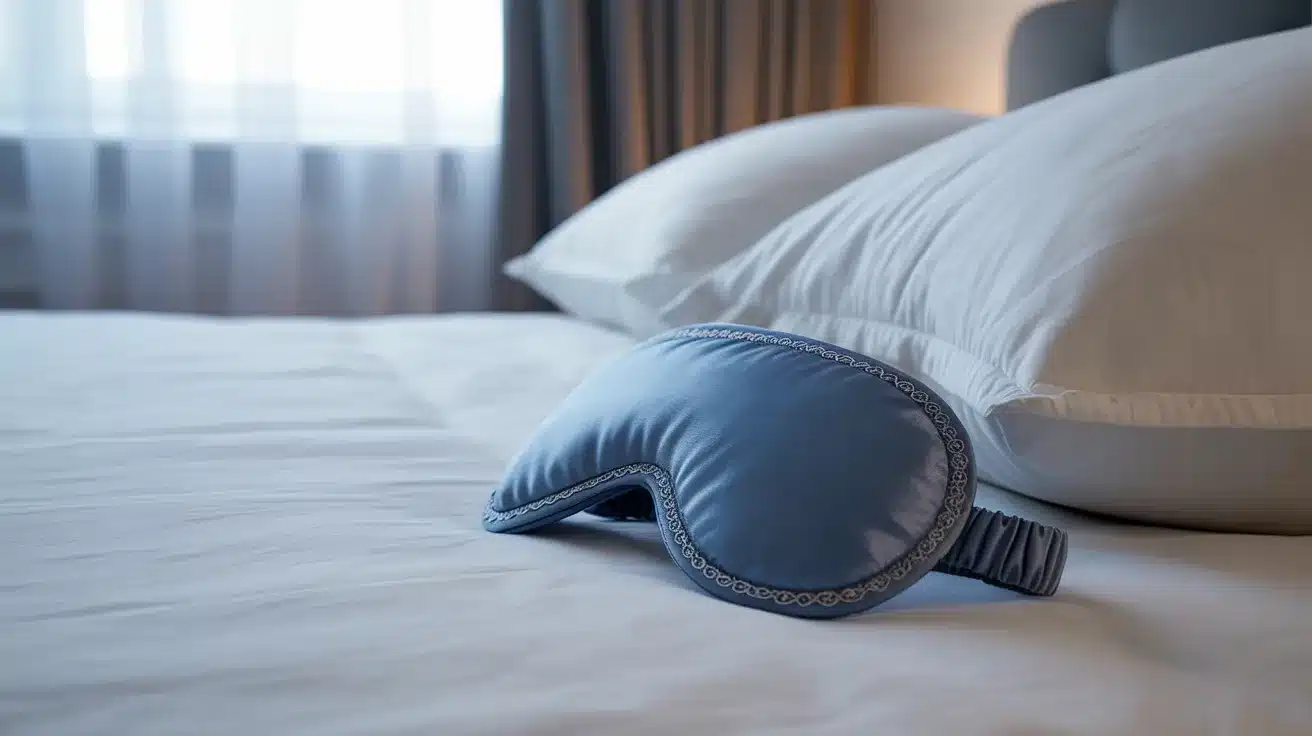 Blue sleep mask resting on a neatly made bed.
