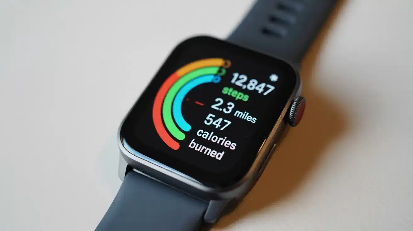 Smartwatch displaying steps, distance, and calories on a wristband.