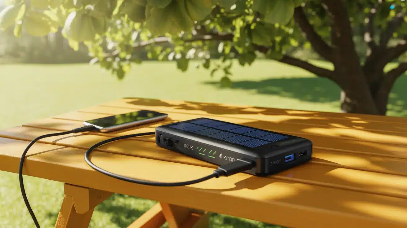 Solar power bank charging a smartphone outdoors on a wooden table.