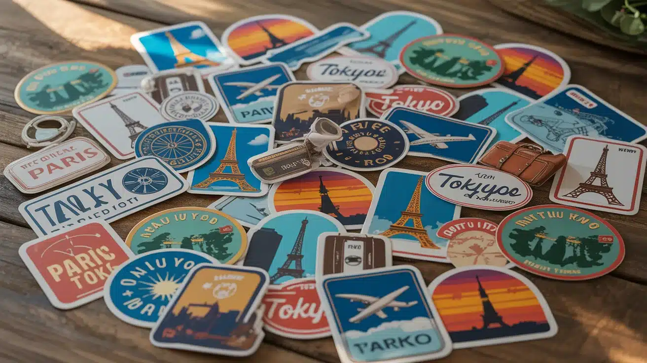 Assorted travel-themed stickers featuring cities and landmarks.