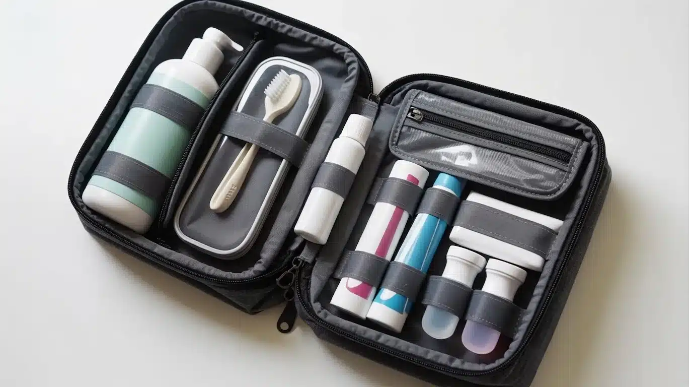 Black toiletry bag open with travel-sized bottles, toothbrush, and toothpaste.