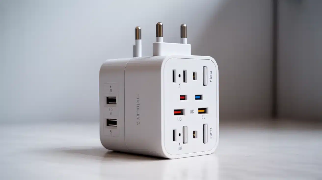 White travel adapter with multiple international plug ports.