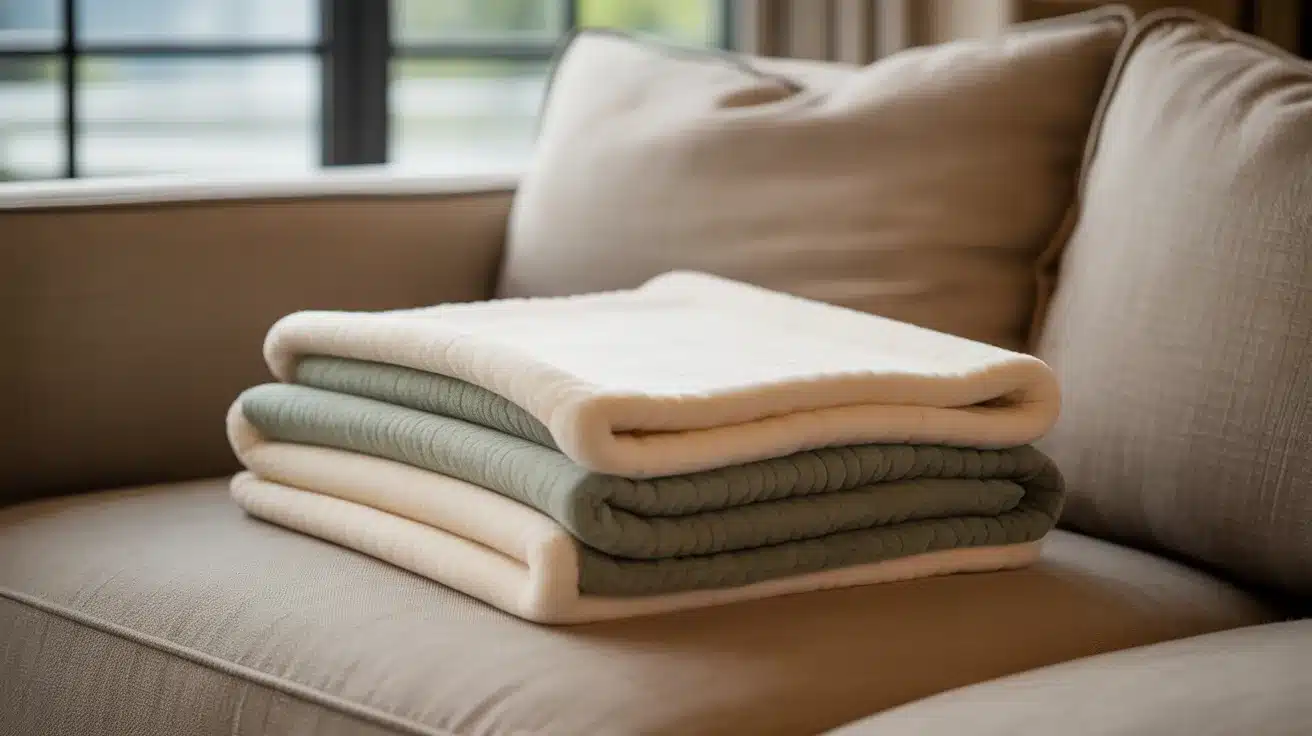 Folded travel blanket in white and green on a beige sofa.