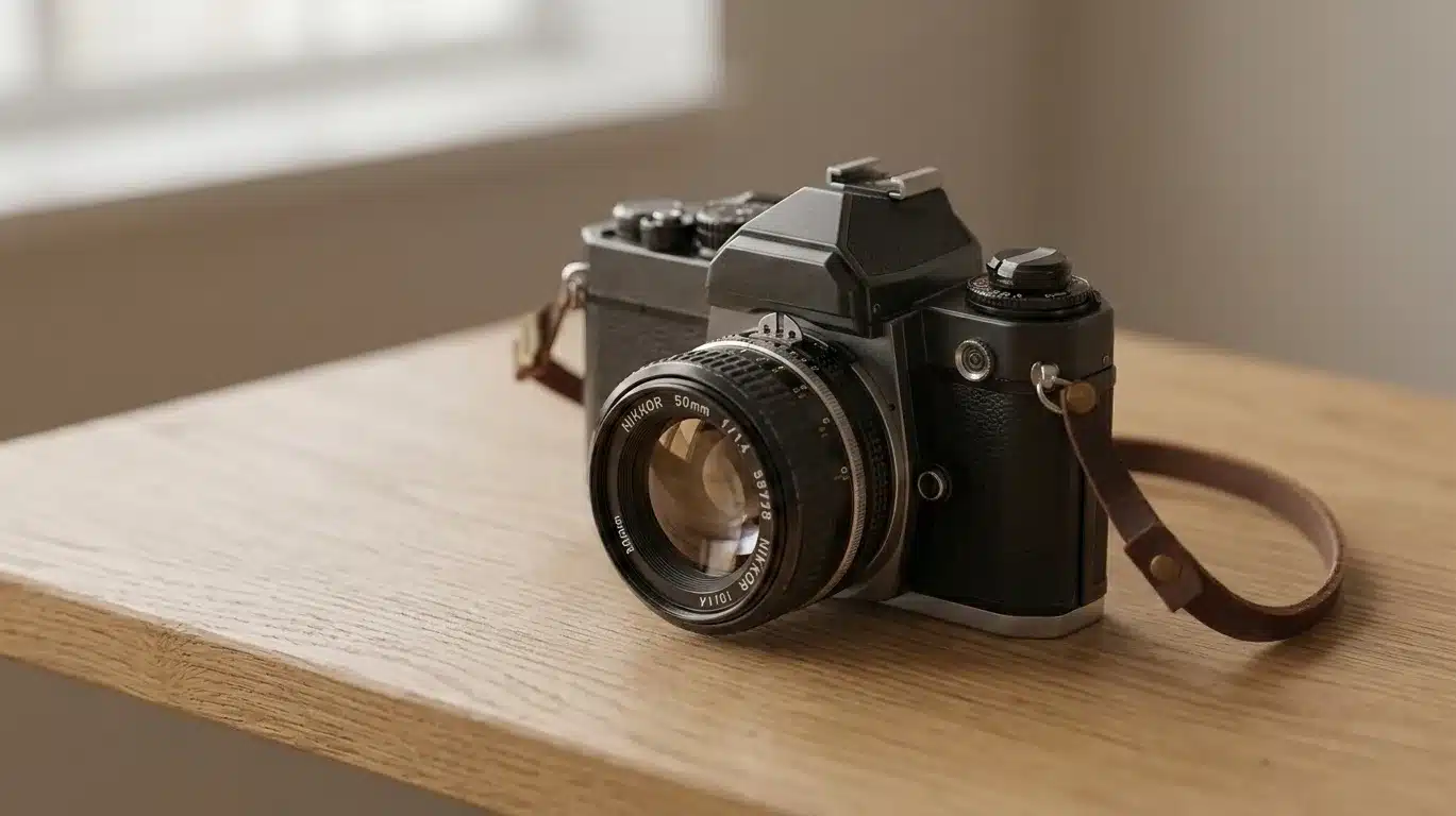Black vintage-style travel camera on a wooden surface with strap.